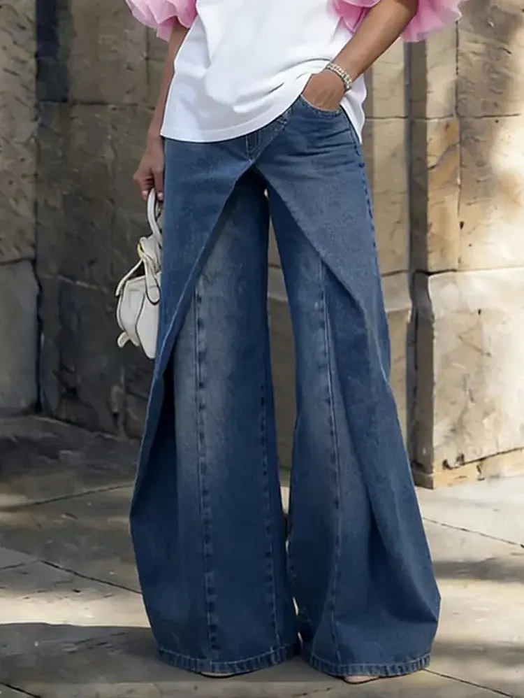 High Waisted Loose Pleated Solid Color Jean Pants Bottoms