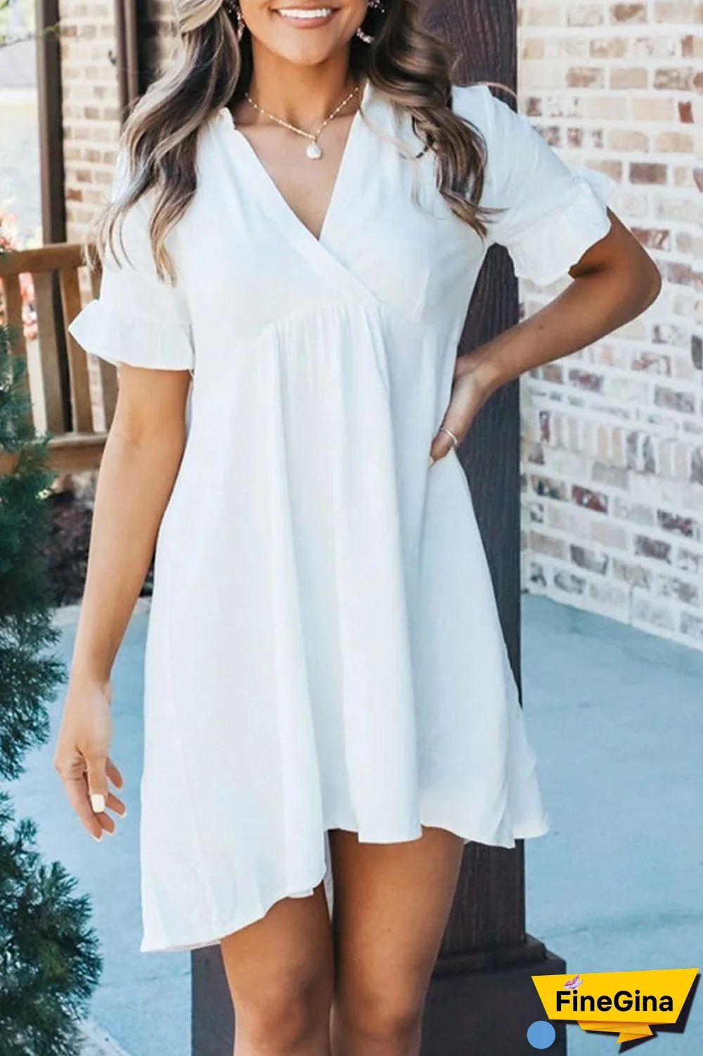 Solid Color Ruched V-Neck Dress