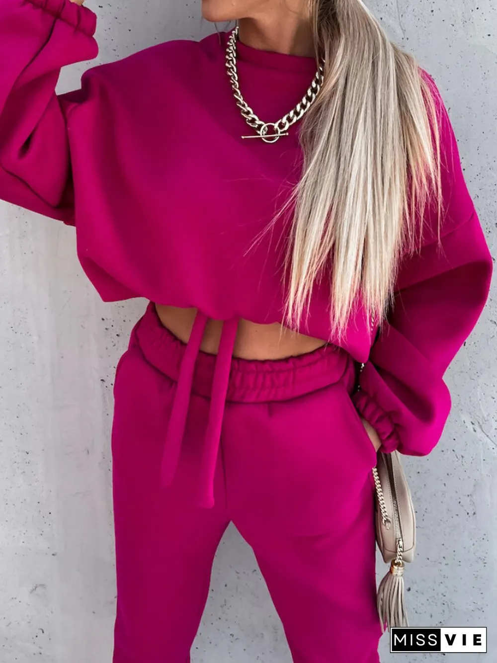 Plain O-Neck Casual Long-Sleeved Sweatshirt Two-Piece Suit