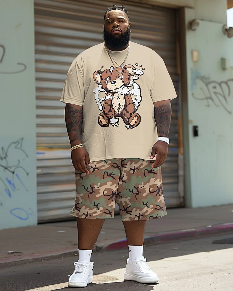 Men's Plus Size Street Casual Camouflage Bear Print T-Shirt Shorts Suit