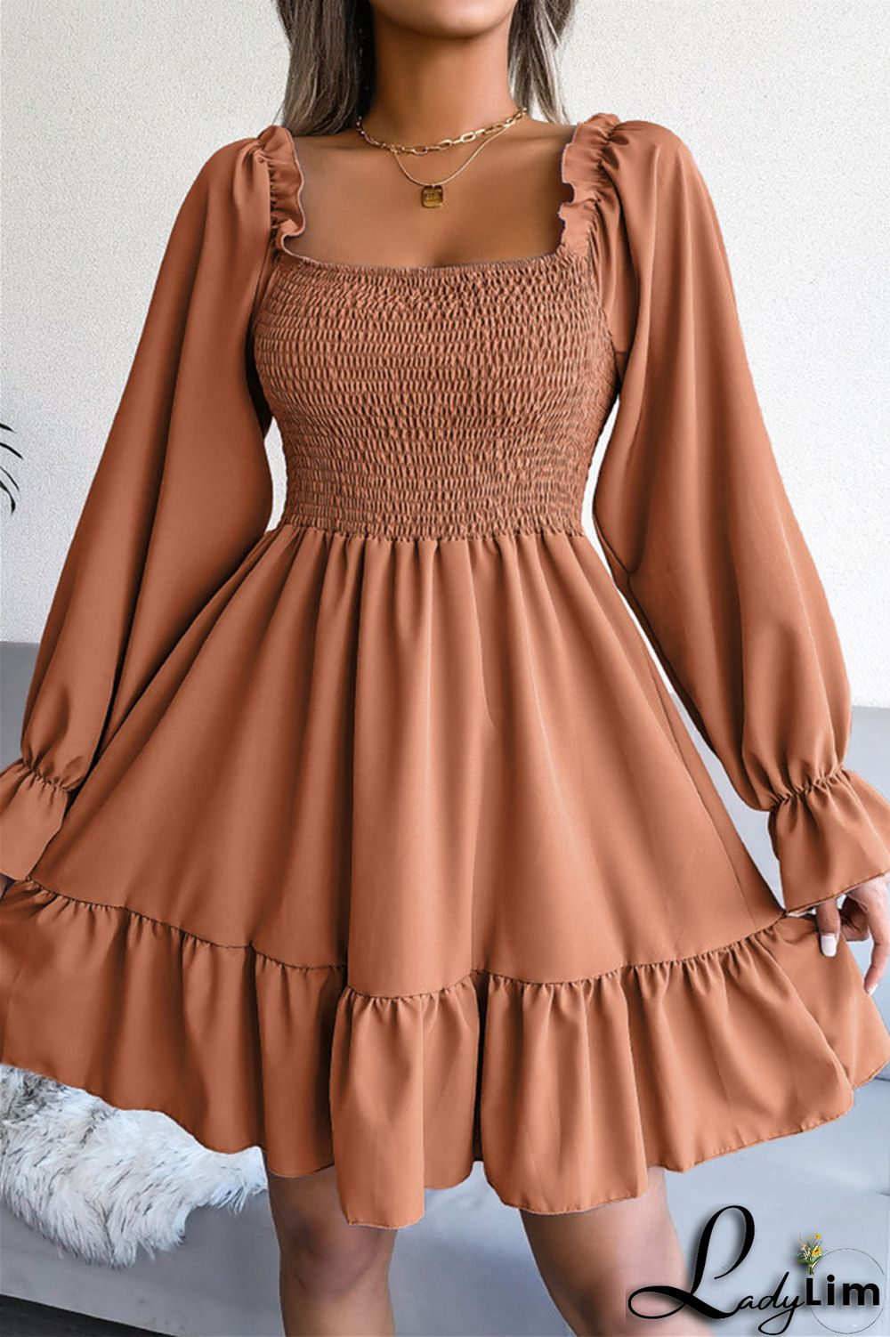 Burgundy Fashion Casual Solid Patchwork Square Collar Long Sleeve Dresses