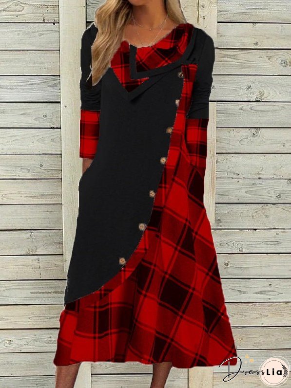 Women's Dresses Check Panel Button Pocket Long Sleeve Dress