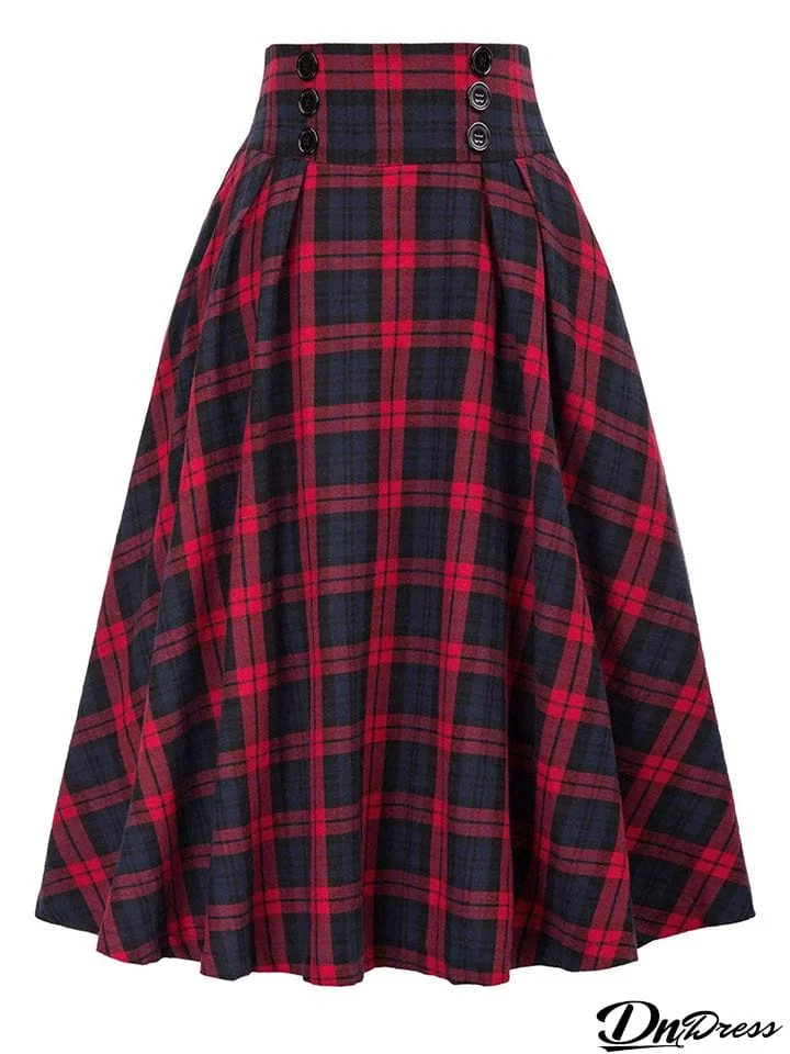 Fashion Autumn Winter Ladies Woolen Big Swing Plaid Skirt