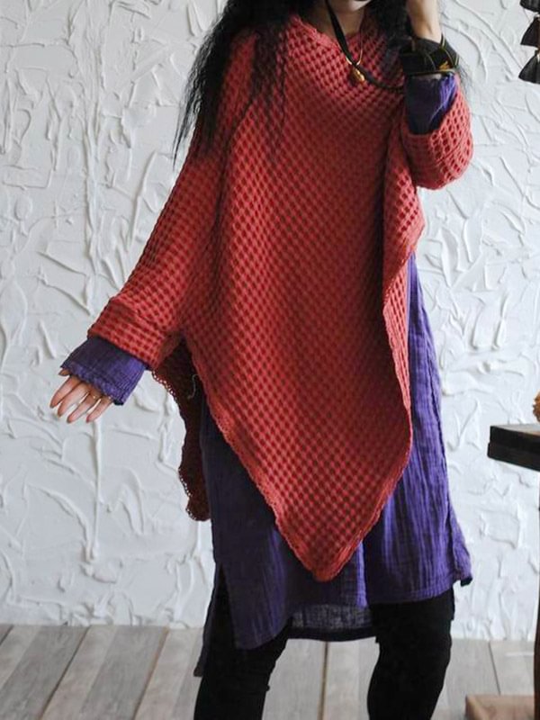 Vintage Solid Color Round-Neck Loose Batwing Sleeve Cape Outerwear