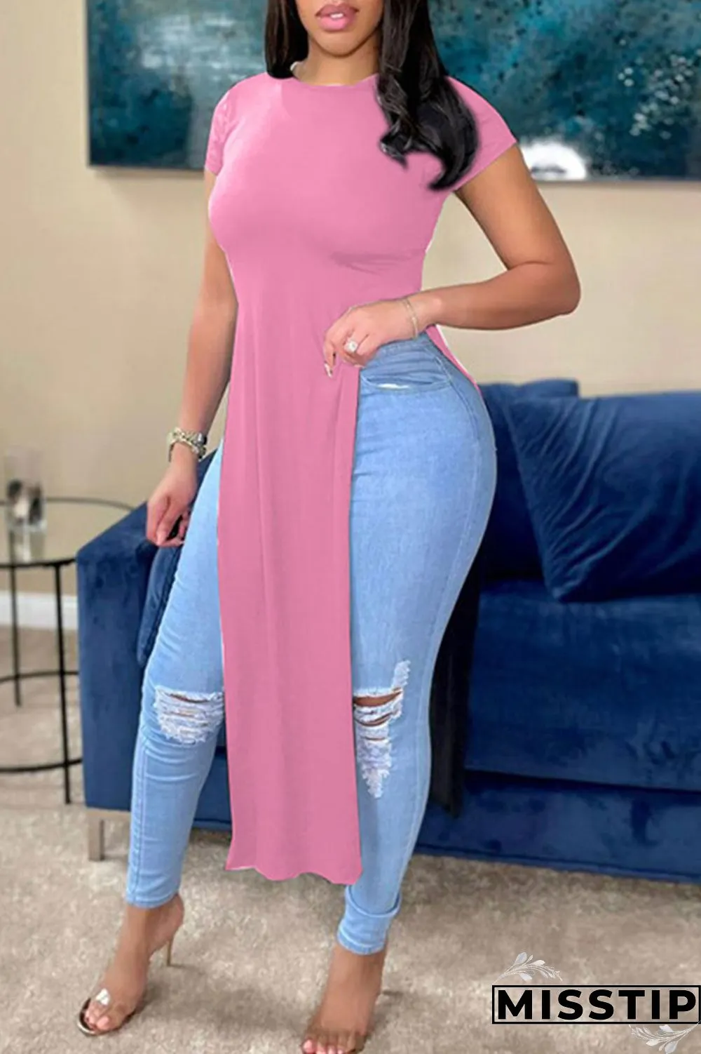 Pink Casual Solid Patchwork Slit O Neck T-Shirts