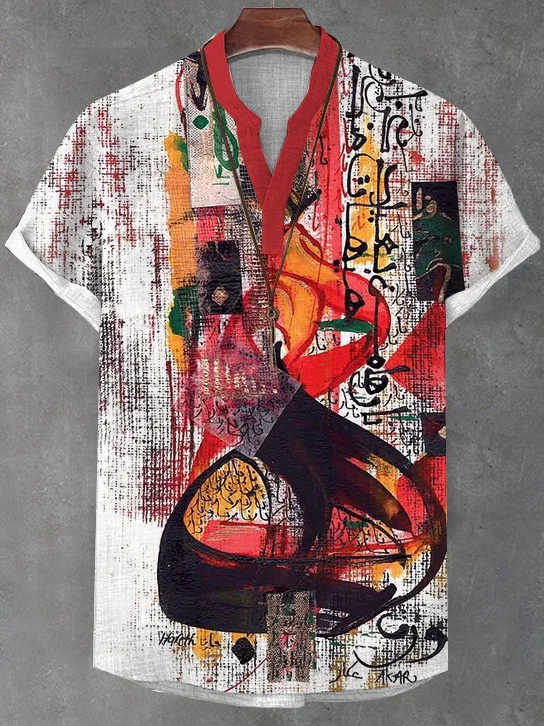 Men's Retro Mysterious Ethnic Totem Calligraphy Art Print V Neck T-Shirt