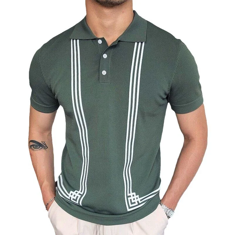 Uveng Uveng Men's Green Striped Short-Sleeved Polo Shirt Knitted Shirt Men SY0071