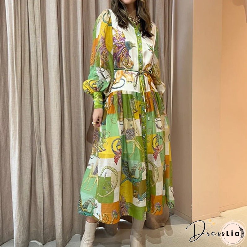 Women's Sleeve Printing Lapel Long Sleeves Large Dresses