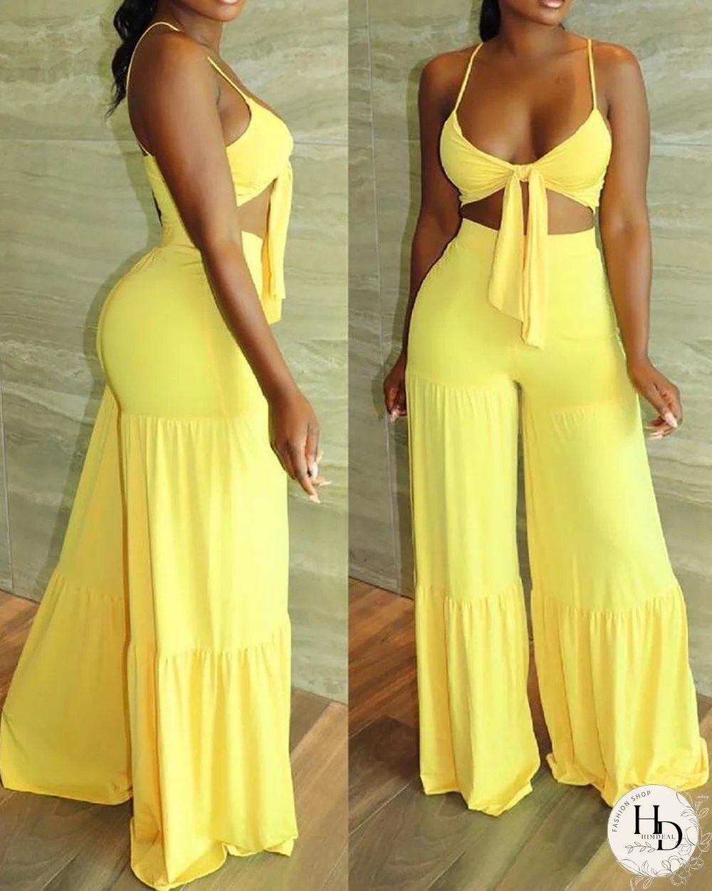 Knotted Sleeveless Crop Top & Wide Leg Pants Set