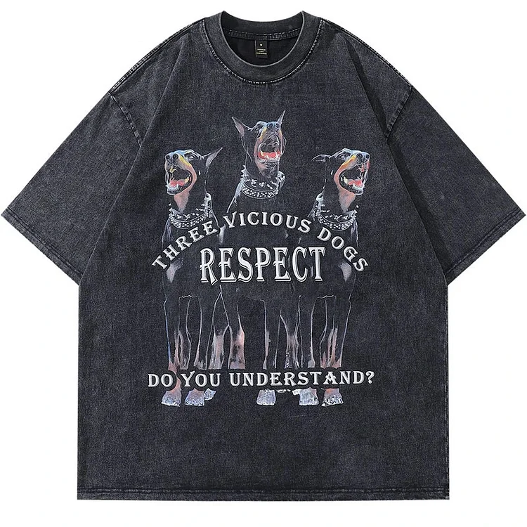 Vintage Punk Streetwear Hip Hop Doberman Dog Graphic Print Washed Oversize T-Shirt  at Hiphopee