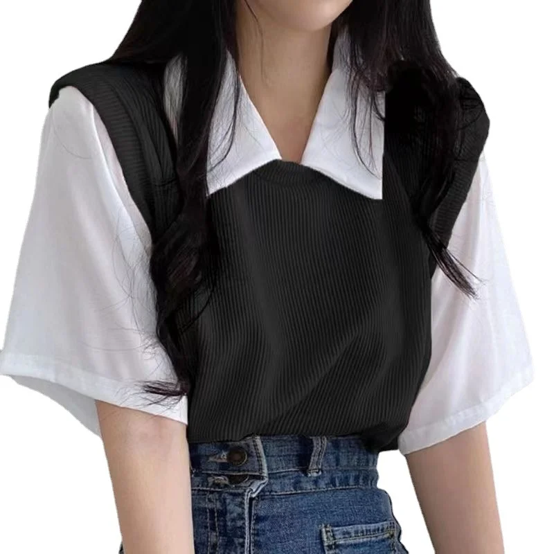 Uveng Uveng Summer Polo Lapel Fake Two College Wind Contrast Color Short-Sleeved T-Shirt Women's Loose Casual Versatile Top Ins