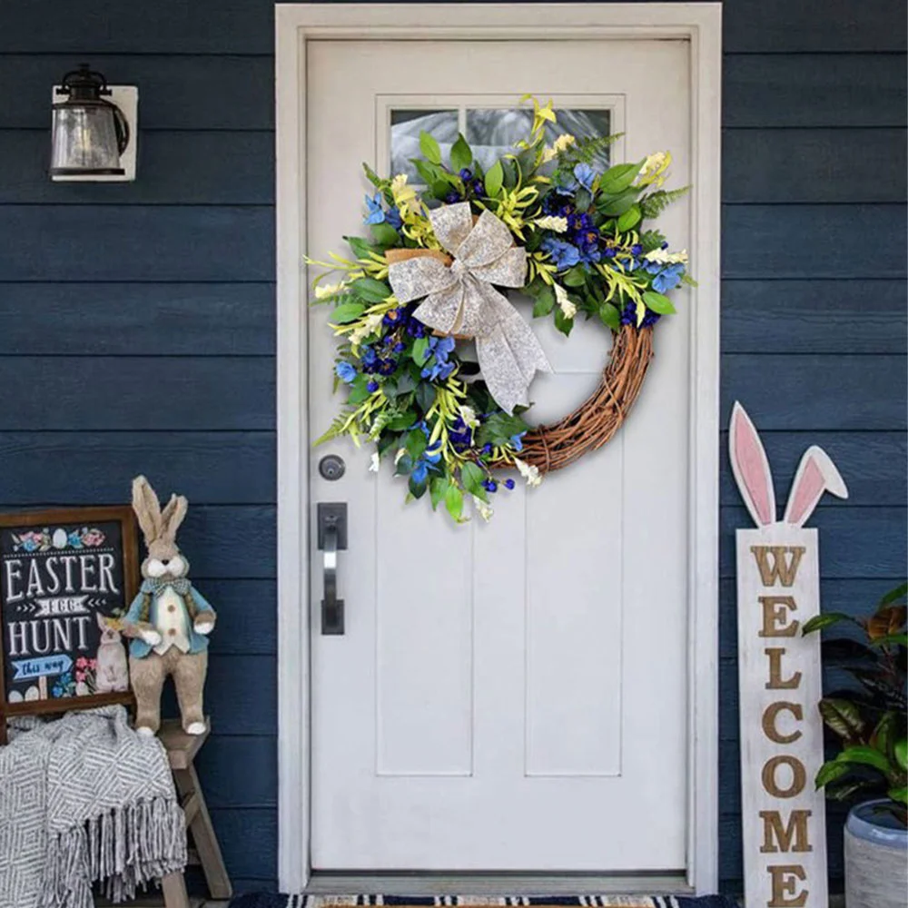 Spring Natural Rattan Bow Blue Holiday Wreath Ornament