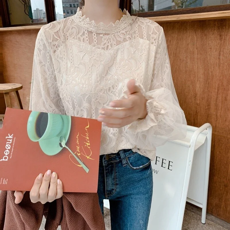 2021 Sweet Korean Top Female Autumn New camisa See-through Lantern Long Sleeve Lace Women's Shirt Vintage Blouse Women 10456