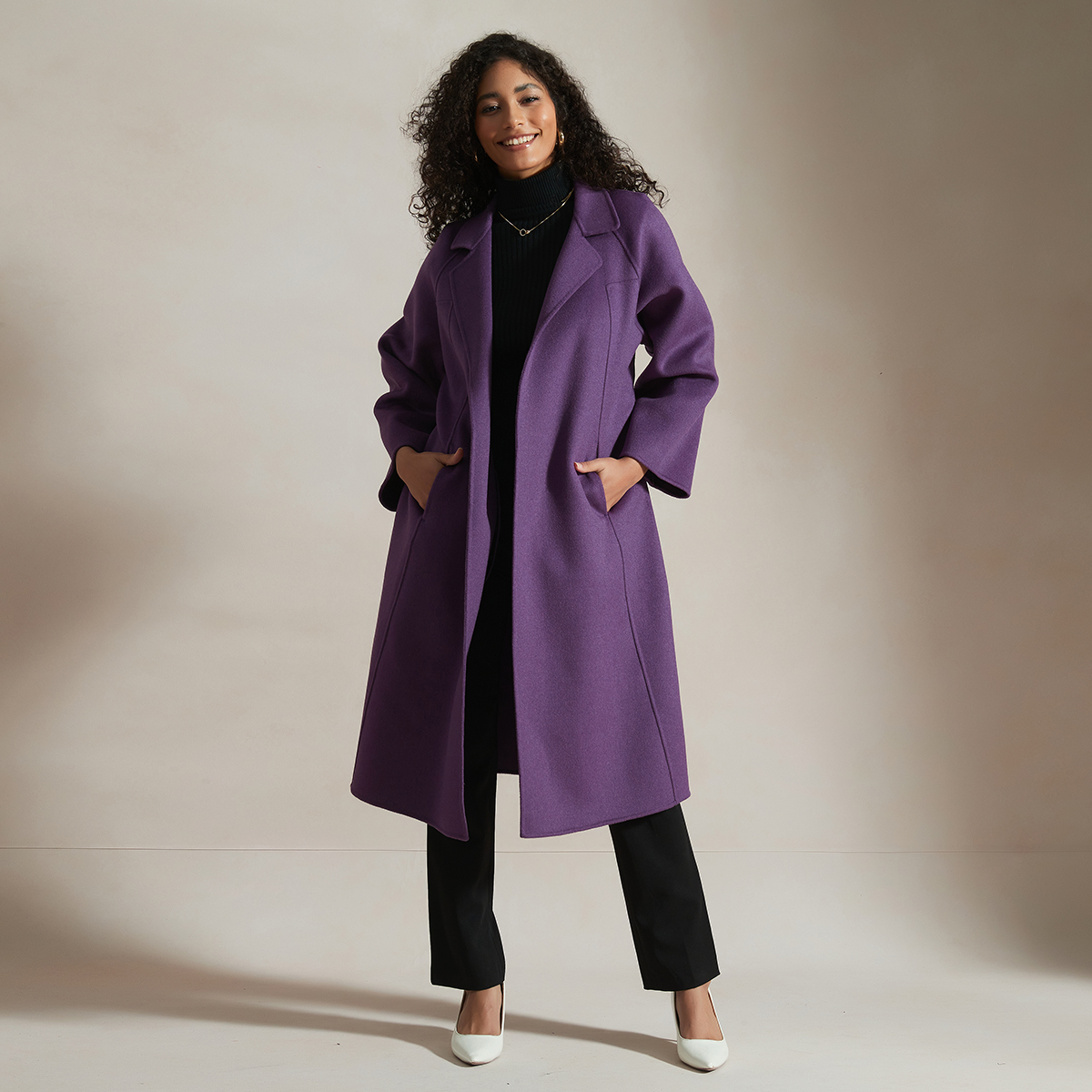  Handmade Collection Women's Belted Wrap Wool Coat-Purple REAL SILK LIFE
