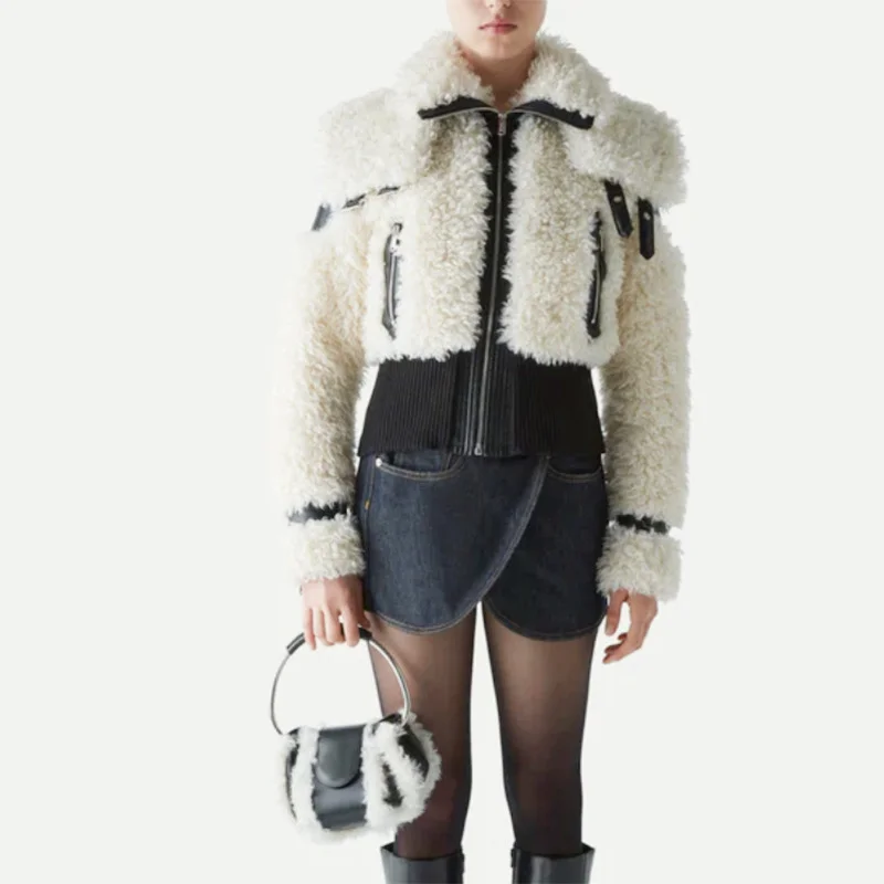 Toloer Toloer Autumn / Winter New Niche Fashion Design Sense Pu Skin Splicing Short Lamb Wool Jacket Fashion Coat Female-Outfit Ideas