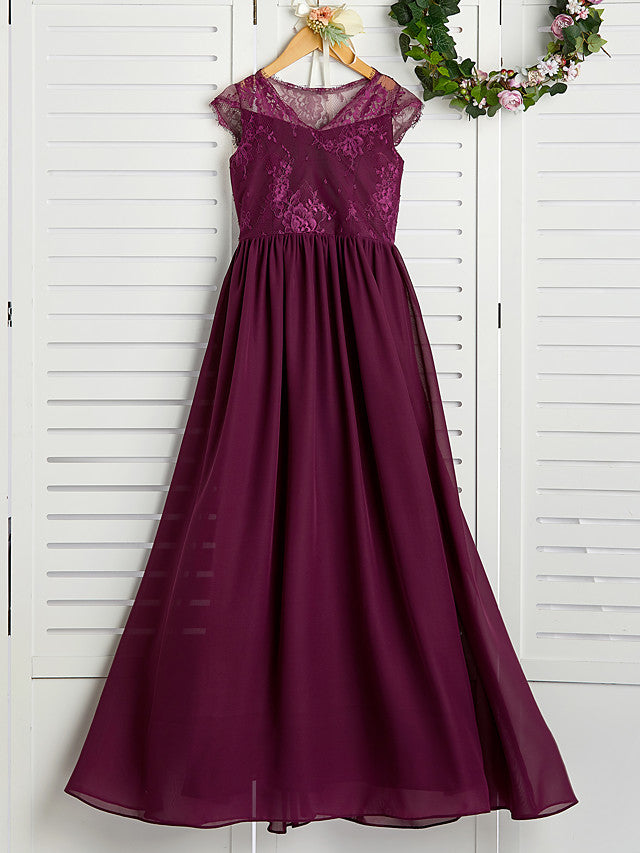 A-Line V Neck Maxi Chiffon / Lace Junior Bridesmaid Dress With Appliques