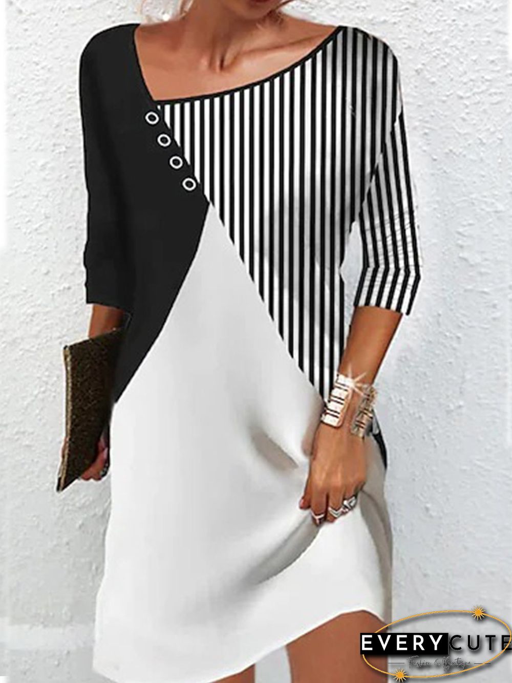 Women Striped Casual Autumn Lightweight Daily Jersey Asymmetrical Skirt Three Quarter Dresses