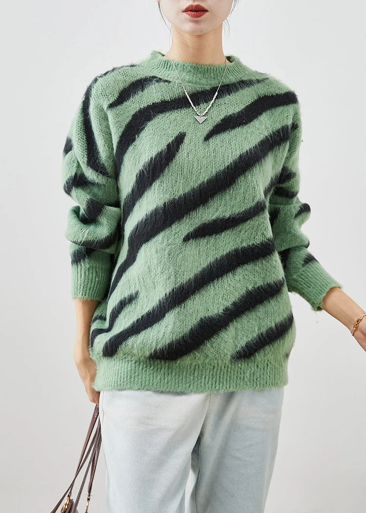 Grass Green Thick Knitted Tops Oversized Zebra Pattern Print Fall