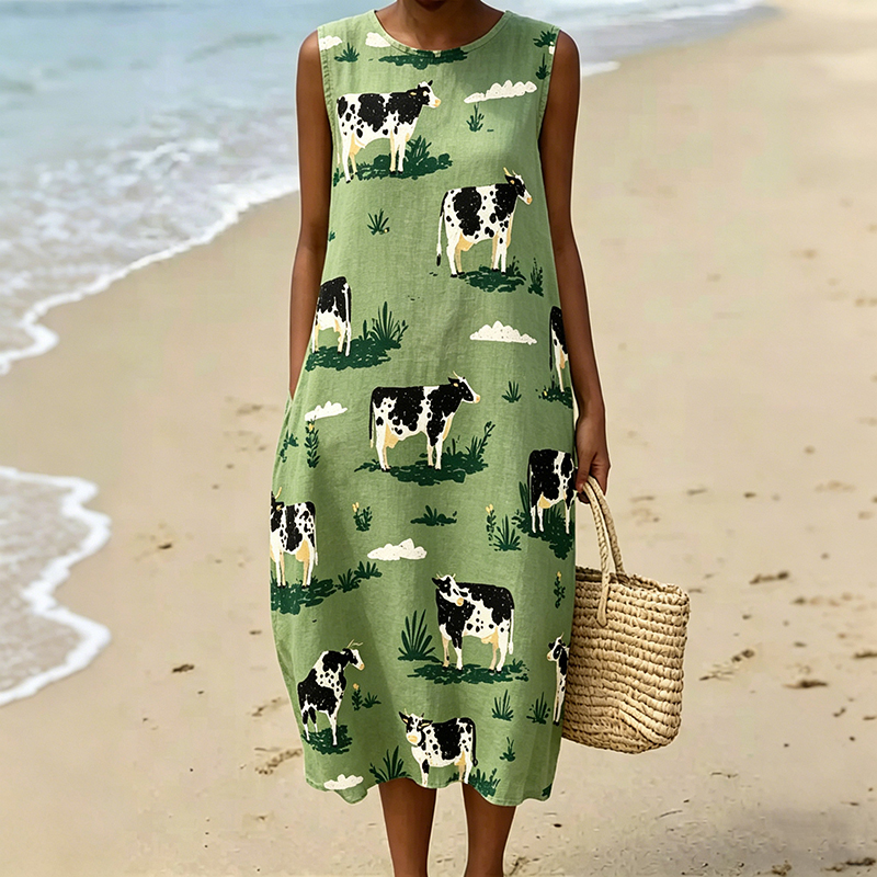 Comstylish Women's Cow Pattern Round Neck Casual Long Dress