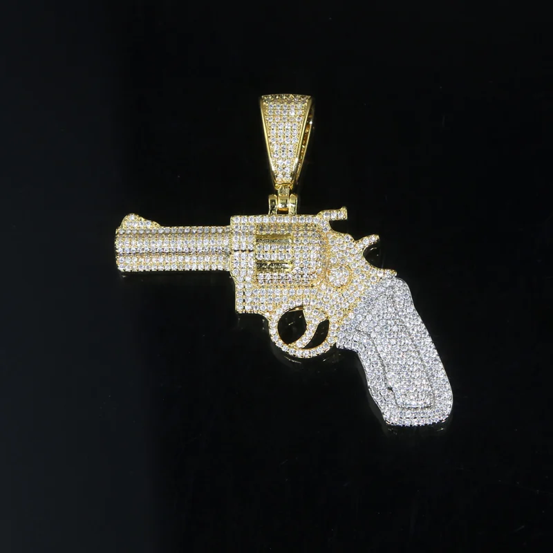 Hiphop Iced Out Cubic Zircona Paved Necklace Bling Gun Pistol Pendants Long Necklace-VESSFUL