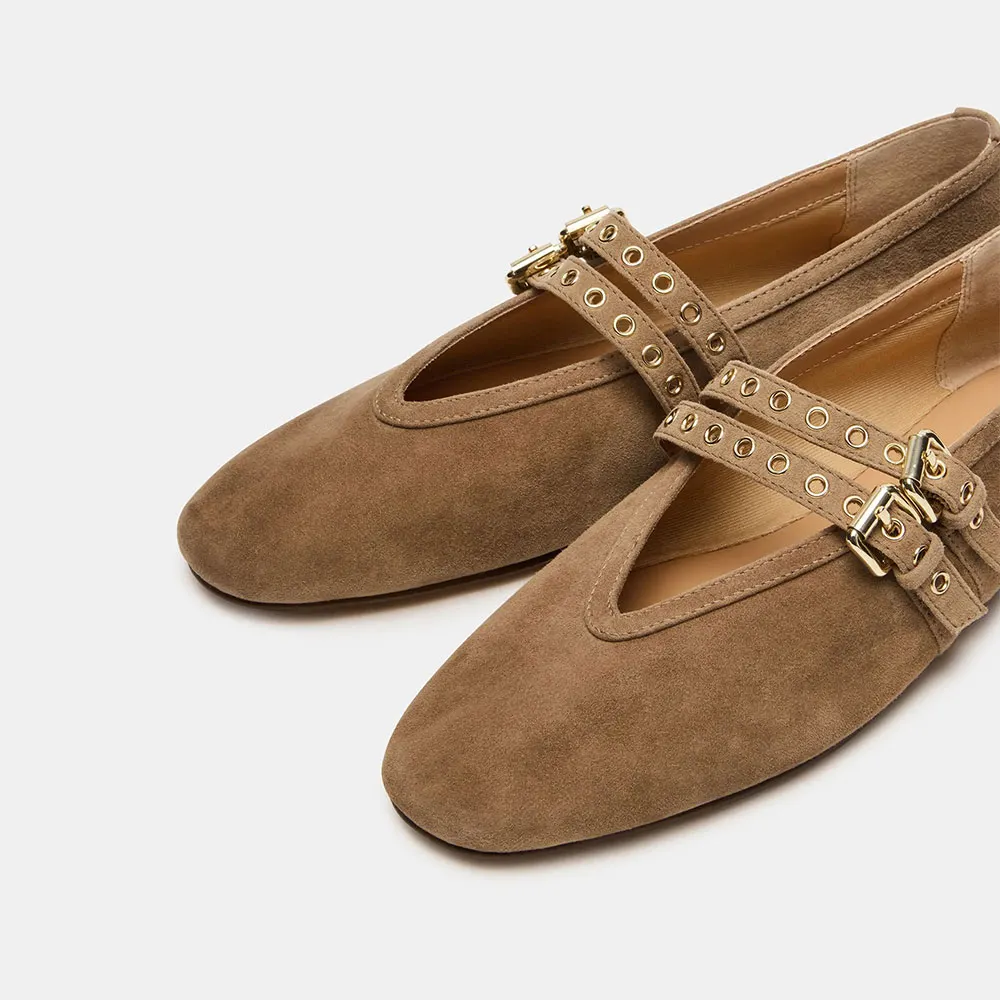 Brown Round Toe Flat Buckle Strap Grommet Ballet Mary Jane Shoes
