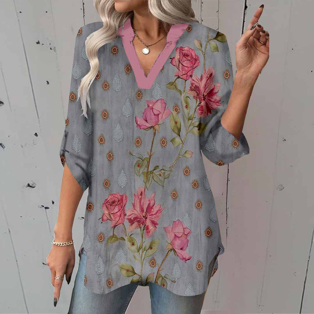 Women Floral, Retro, Grey, Red DZGA0506 3/4 Sleeve V-neck Printed Graphic Button Tops