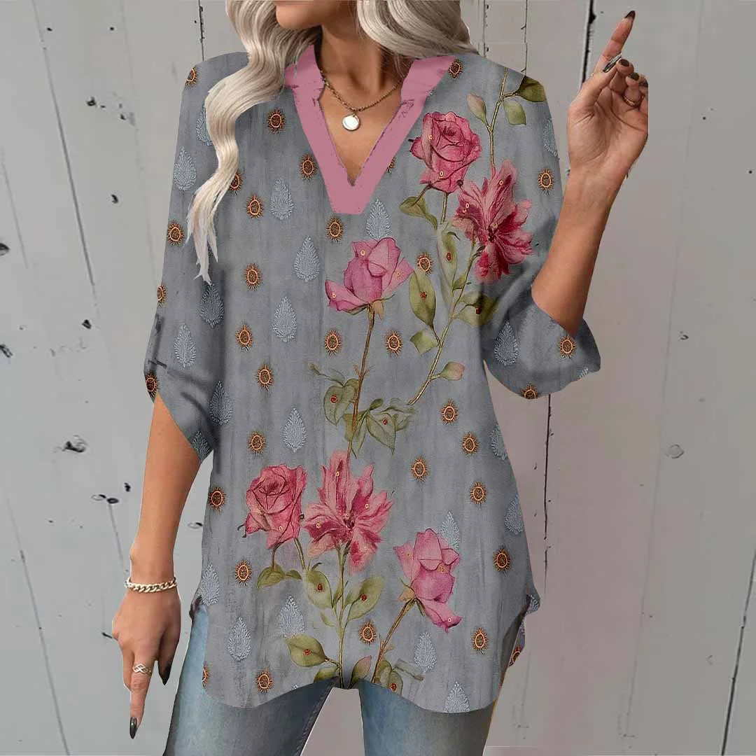 Women Floral, Retro, Grey, Red DZGA0506 3/4 Sleeve V-neck Printed Graphic Button Tops