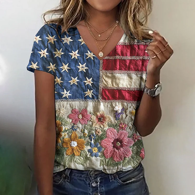 Women's Vintage Independence Day Flag Floral Embroidery V-neck T-shirt