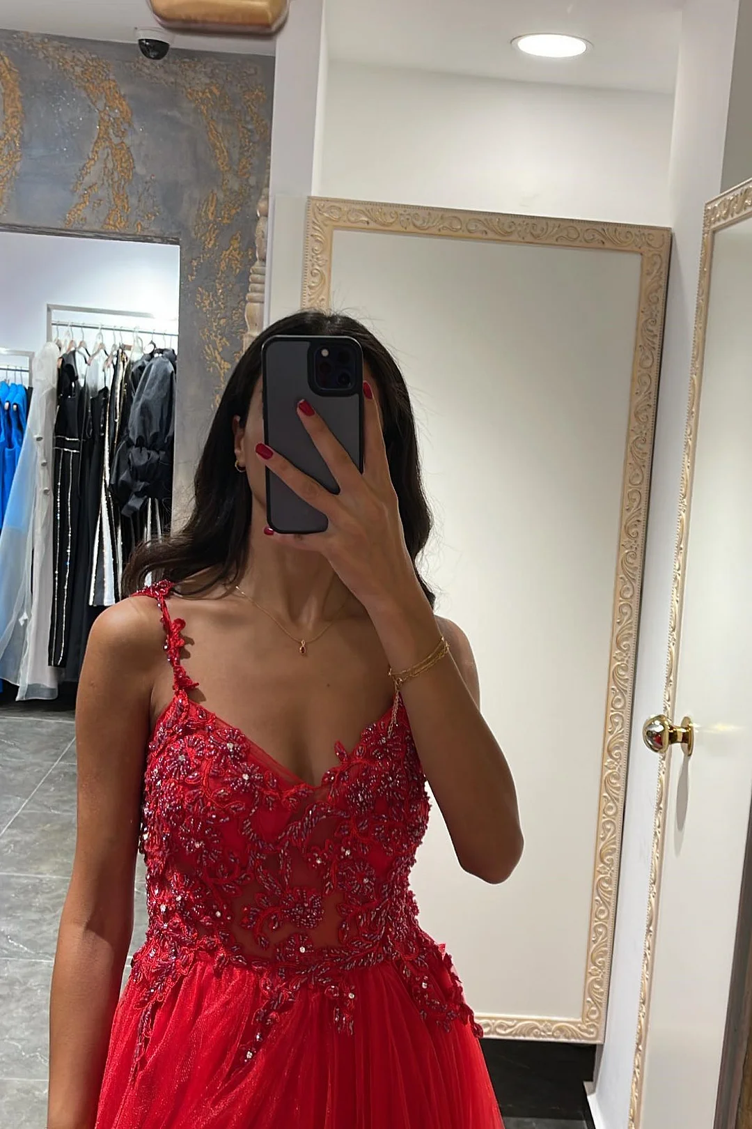 Daisda Mermaid Appliques Prom Dress With Beadings Spaghetti-Straps Elegant