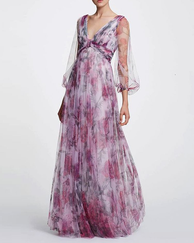 chiffon silk print pleated maxi dress