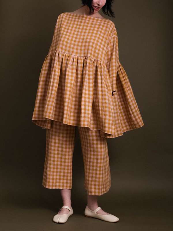 Round Neck Sleeve Pleated Plaid Pattern Top Pant Set