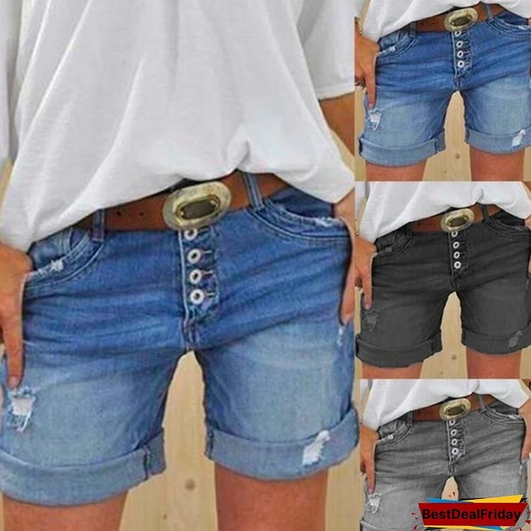 Women Summer Denim Shorts Sexy Ripped Hole Button Jeans Shorts Ladies Plus Size Short