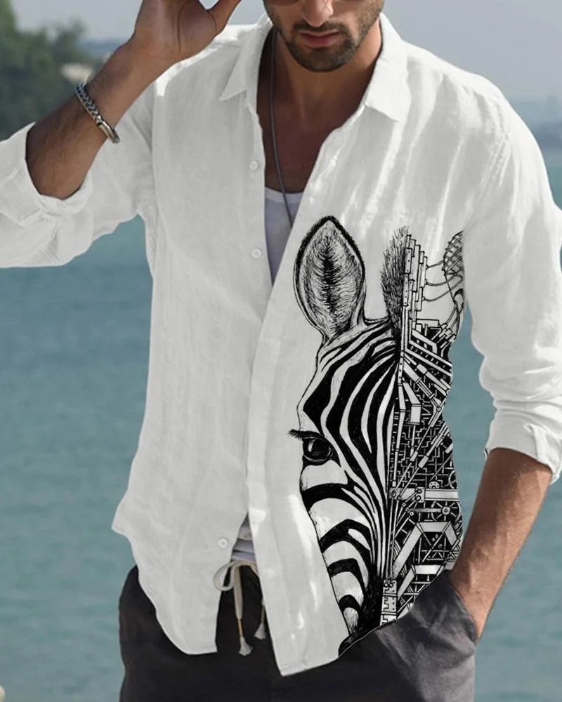 Men's Cotton Zebra Printed Long Sleeve Cardigan Shirt