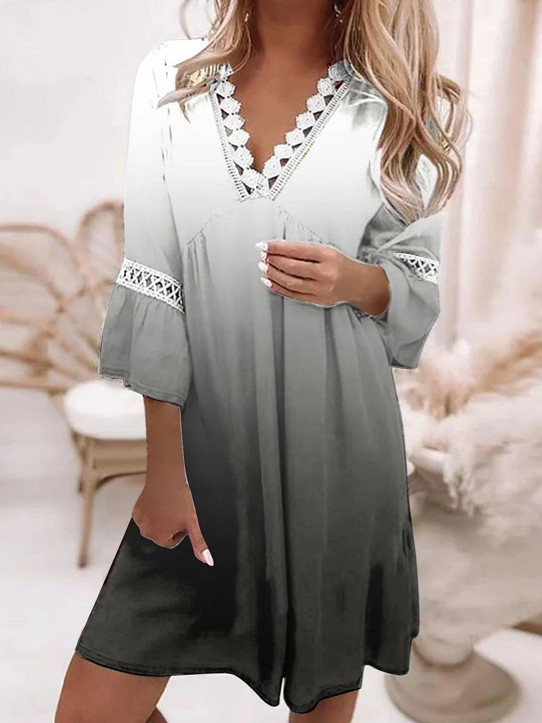 Women's 3/4 Sleeve V Neck Gradient Lace Casual Dress