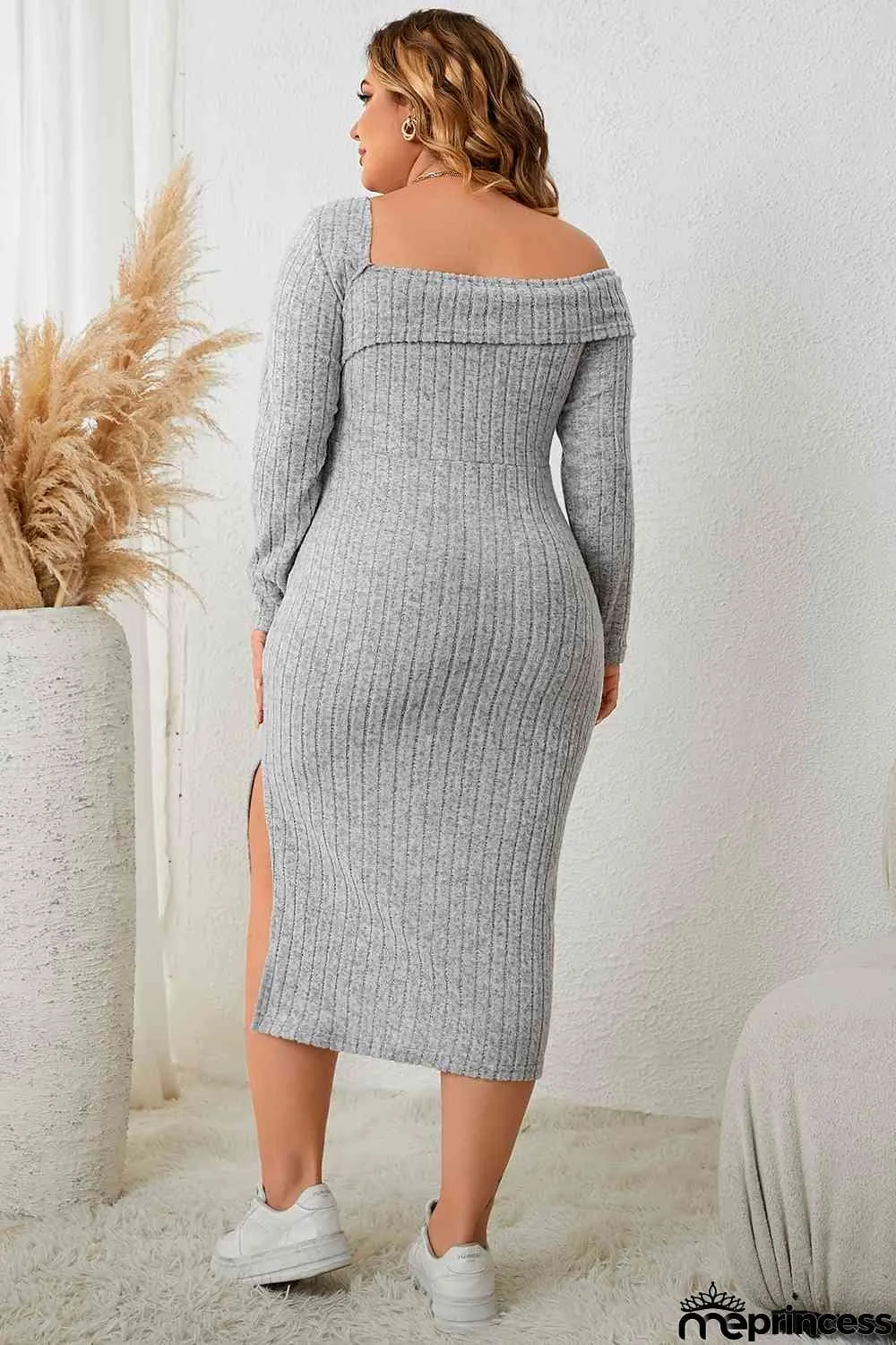 Plus Size Square Neck Long Sleeve Slit Dress