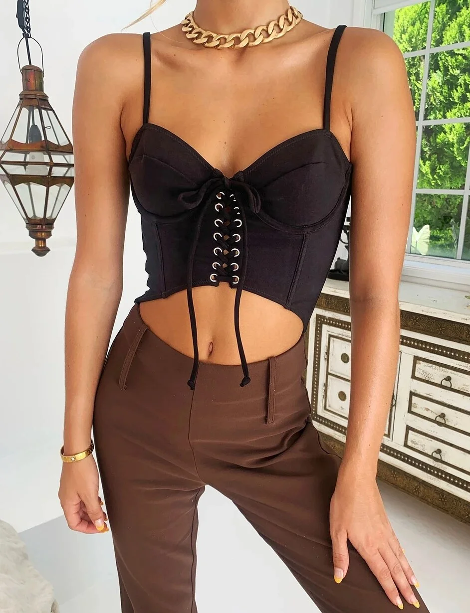 Lace-Up Front Camisoles Women's Spaghetti Straps Crop Tops Summer Lace Floral Ruffles Vest Sexy Club Backless Slim Camis