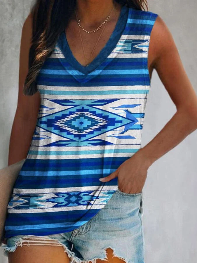 Vintage Geometric Print V-Neck T-Shirt