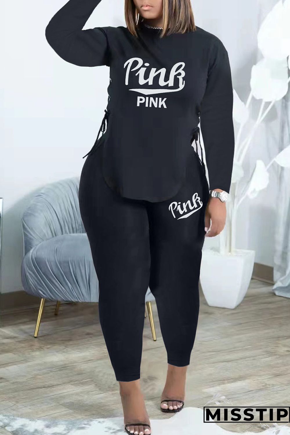 Black Casual Print Bandage Patchwork O Neck Long Sleeve Two Pieces