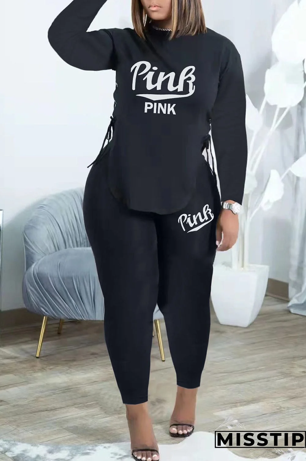 Black Casual Print Bandage Patchwork O Neck Long Sleeve Two Pieces