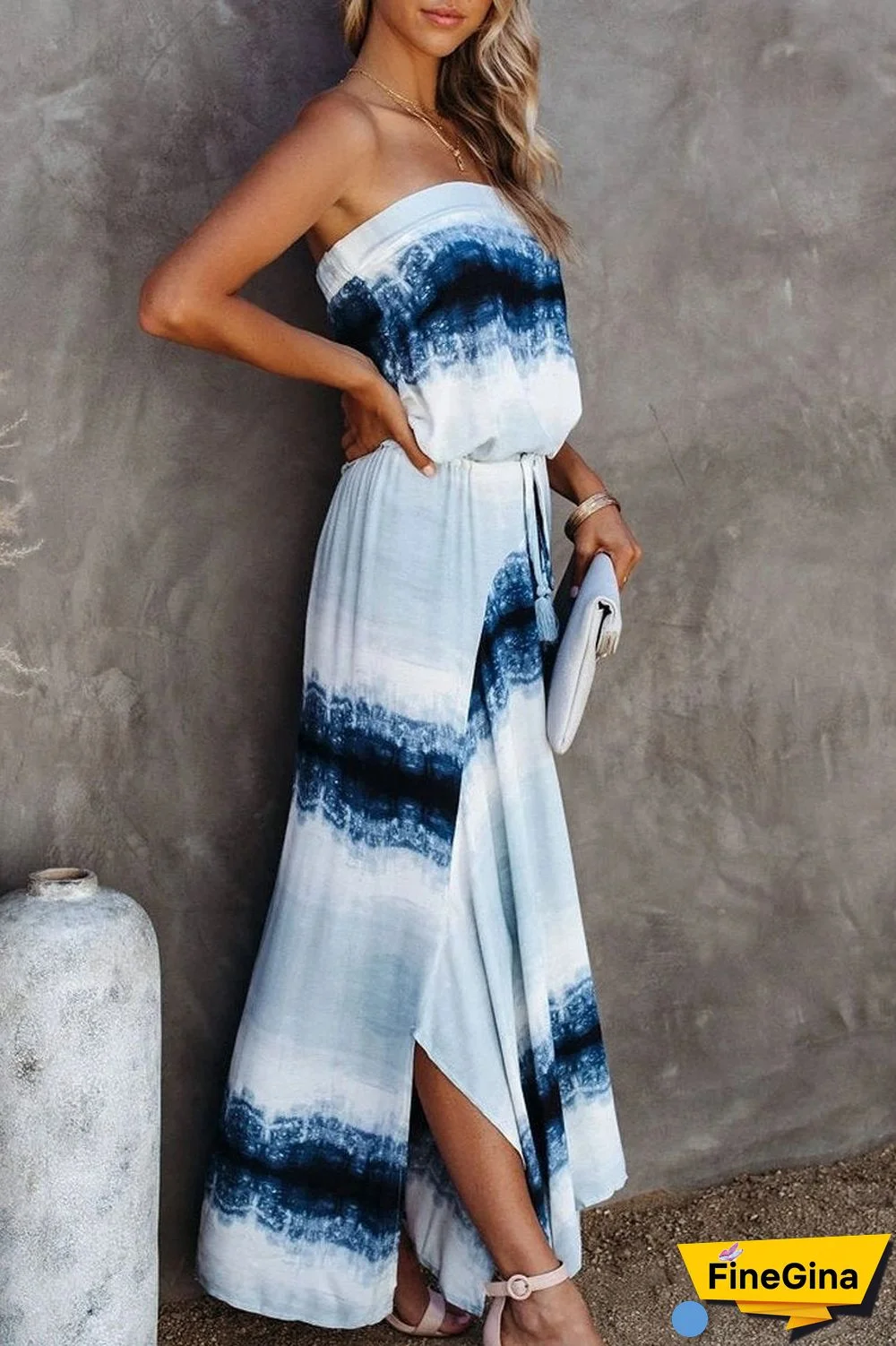 Tie Dye Drawstring Waist Tassel Tube Dress