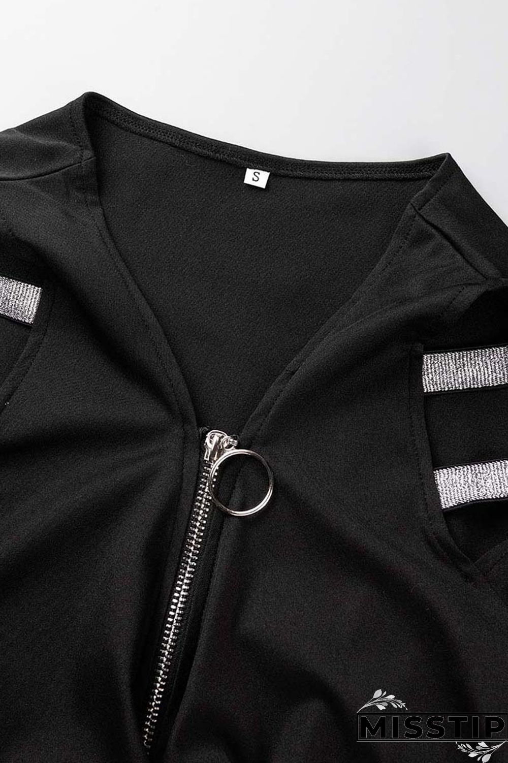 Black Casual Solid Hollowed Out Patchwork V Neck Short Sleeve Dress