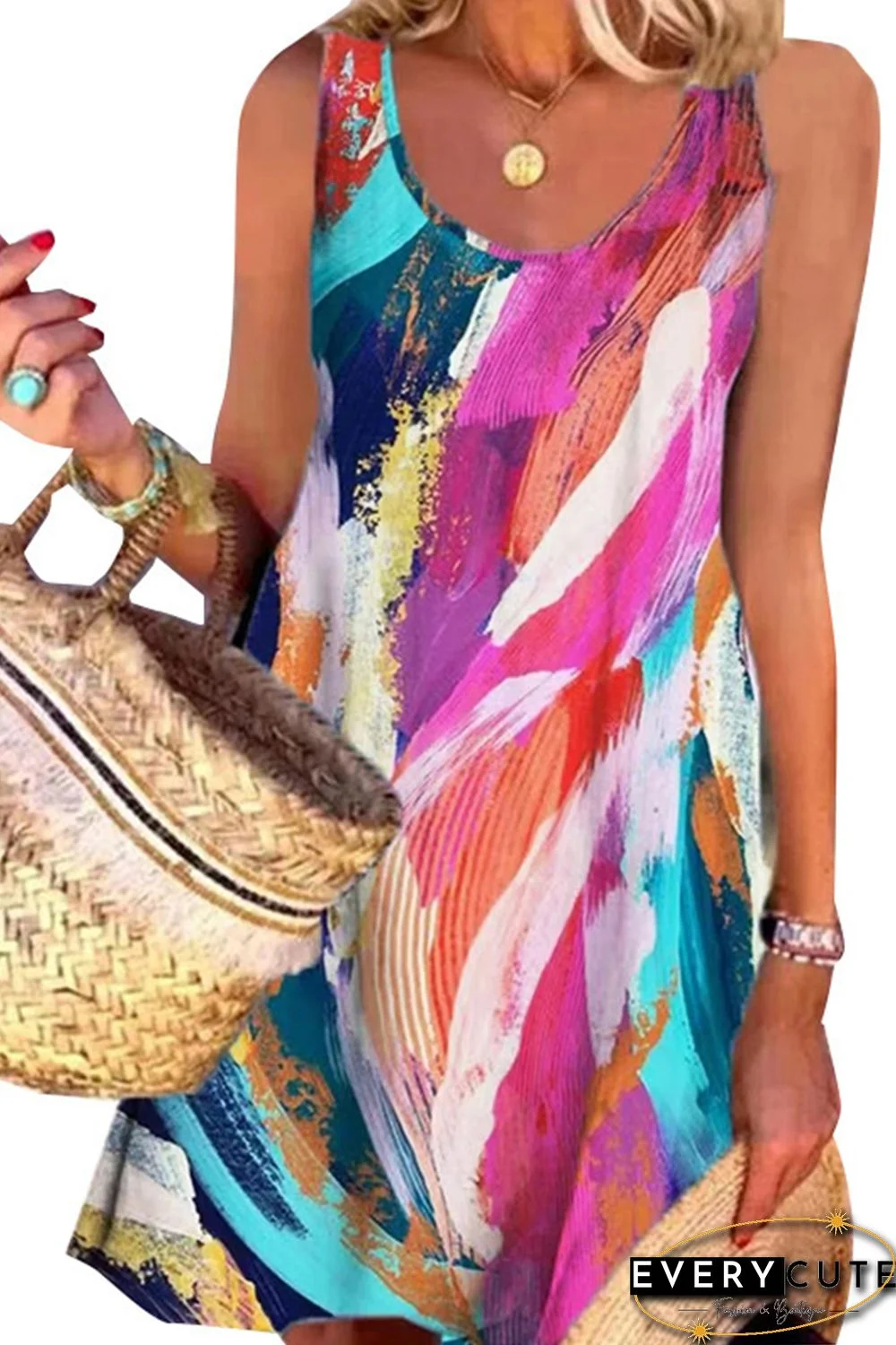 Multicolor Abstract Geometric Print U-neck Sleeveless Mini Dress