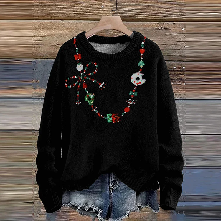 Comstylish Jewelry Art Christmas Bow Necklacet Knit Pullover Sweater