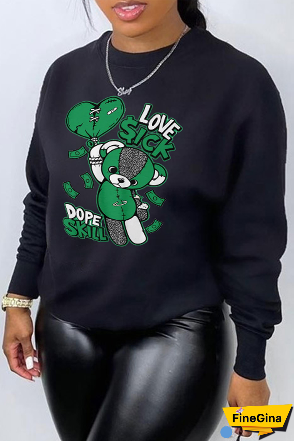 Black Daily Cute Print Patchwork O Neck Tops