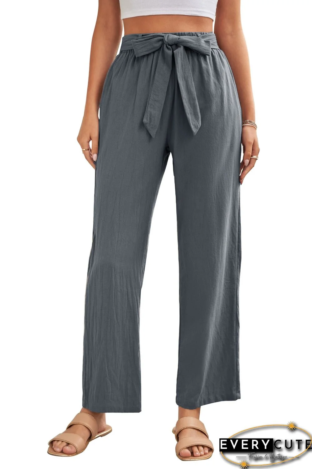 Gray Elastic Waist Drawstring Wide Leg Pants