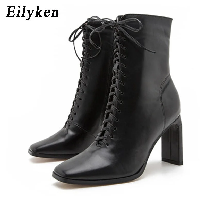 Eilyken Size 35-42 Women Square Head Ankle Boots Fashion Cross Strap Square High Heels Winter Shoes Zipper Office Lady Boots