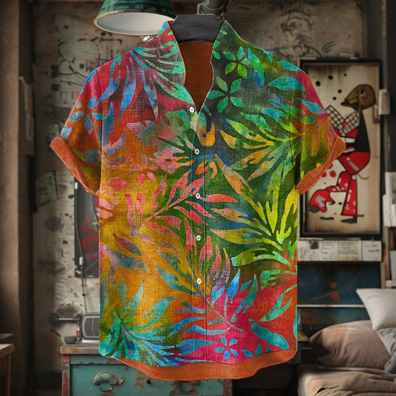 Men's Tie Dye Flowers Leaves Art Print Short Sleeve Shirt  artssus
