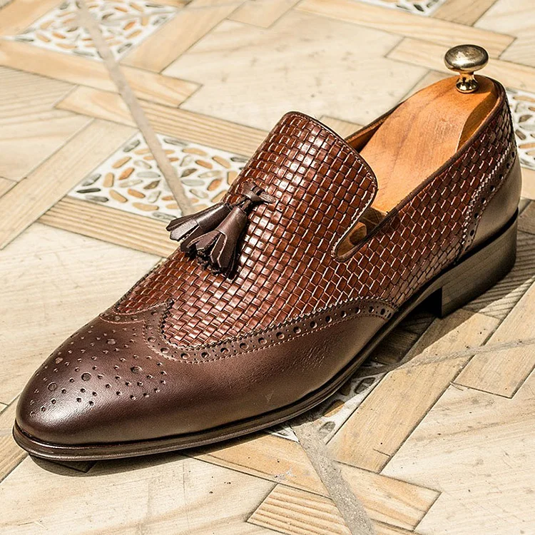 Baroque PU Leather Plaid Pointy Toe Tassel Slip-On Business Loafers Shoes [Pre Order]
