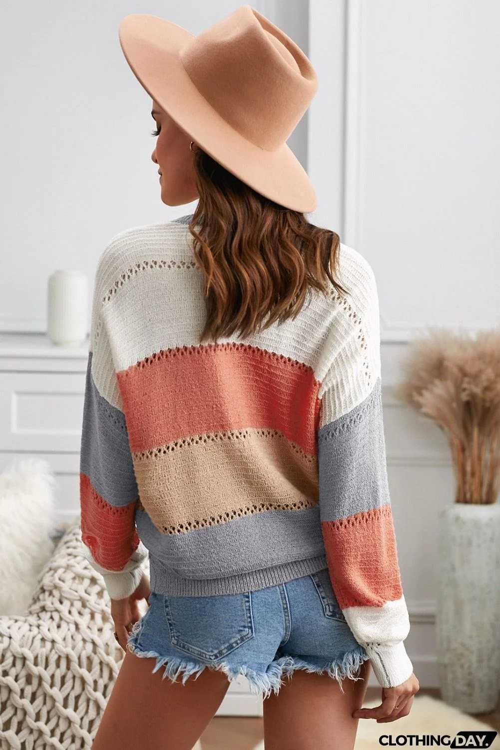 Lightweight Gray Color Block Deep V Neck Wrap Sweater