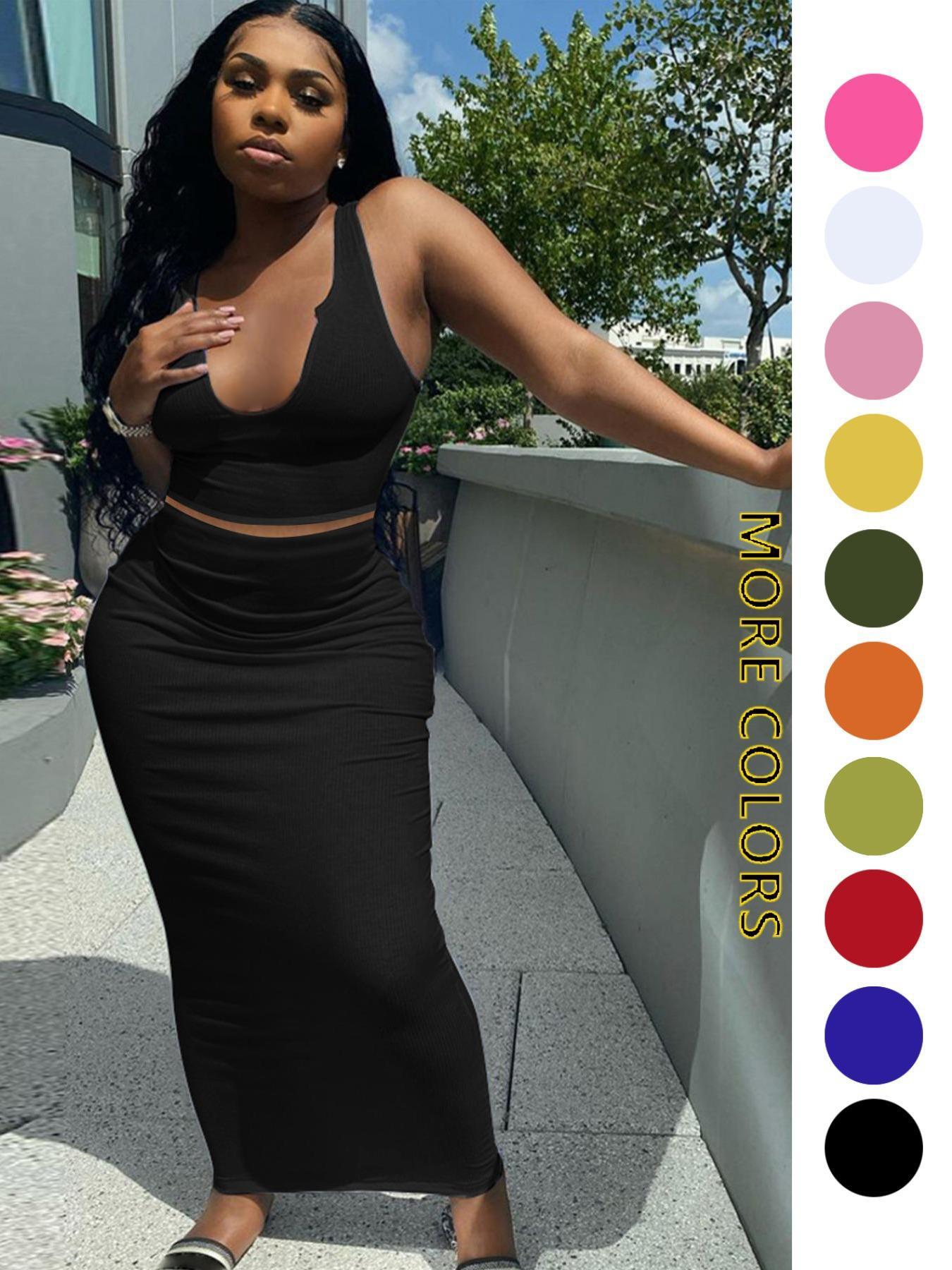 Two-piece Set Women's Solid Notched Neck Crop Tank Top & High Waist Bodycon Skirt Set, Casual Slim Sleeveless Top & Long Skirt, Ladies Summer Clothes for Daily Wear, Outfit Sets Women, Summer Outfits Set Two-piece Set Women's Solid Notched Neck Crop Tank Top & High Waist Bodycon Skirt Set, Casual Slim Sleeveless Top & Long Skirt, Ladies Summer Clothes for Daily Wear, Outfit Sets Women, Summer Outfits Set